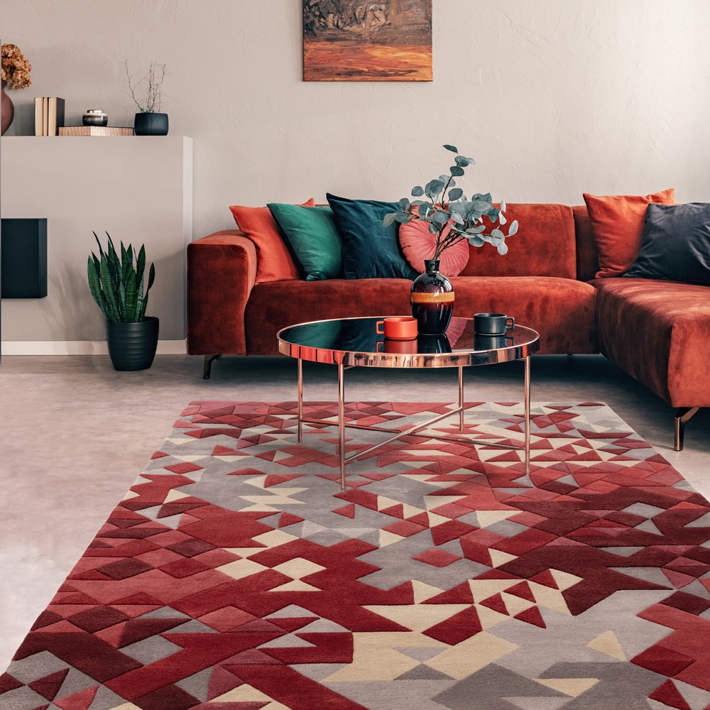 Enigma Modern Carved 3D Wool Rugs in Red Multi